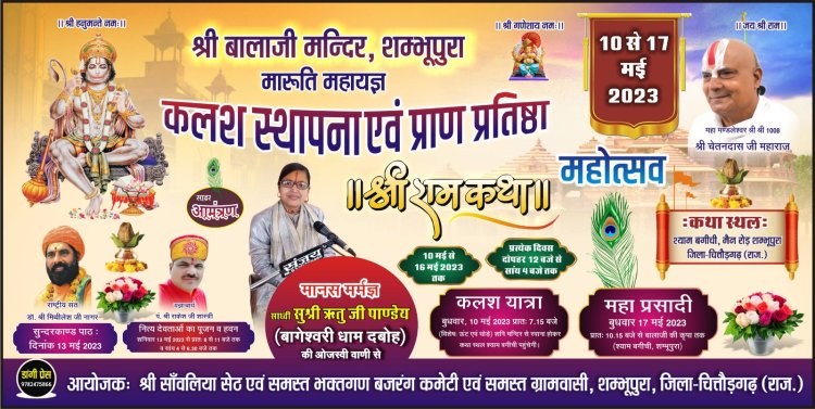 शम्भूपुरा मे बालाजी मंदिर पर कलश स्थापना एवं प्राण प्रतिष्ठा महोत्सव 10 से।